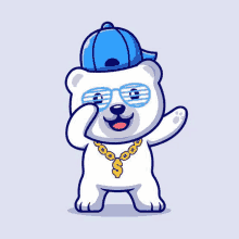 a polar bear wearing a hat , sunglasses , and a chain with a dollar sign on it .