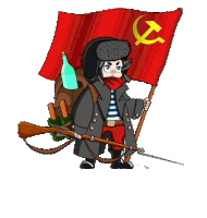 a cartoon of a man holding a rifle and a red flag with a hammer and sickle