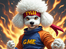 a white poodle with a headband that says tylee on it