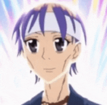 a close up of a cartoon character with purple hair and a headband on his head .