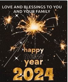 a happy new year greeting card with sparklers and the year 2024