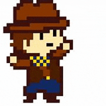 a pixel art drawing of a man wearing a hat and a plaid shirt .