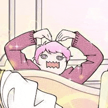 a cartoon girl with pink hair is laying in bed with her hands on her head .