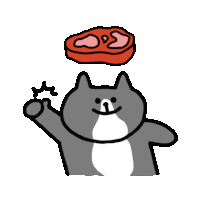 a cartoon cat is holding a piece of meat over his head