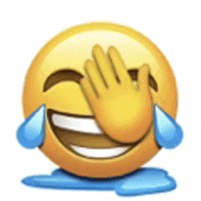 a laughing emoji with tears coming out of its eyes is covering its face with its hand .