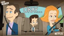 a cartoon of a man a woman and a boy in a car with the words okay on the back