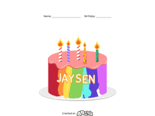 a colorful birthday cake with the name jaysen written on it