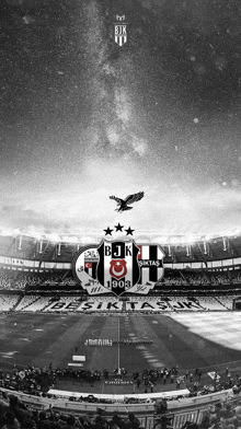 a black and white photo of a soccer field with the logo for bjk 1903 on it