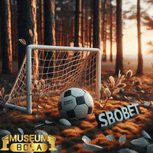 a soccer ball sits in front of a goal in the woods next to a sign that says sbobet