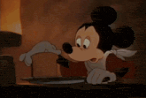 a cartoon of donald duck sitting at a table with a plate of food and a fork
