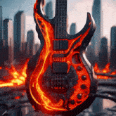 a guitar that looks like it 's on fire with a city in the background