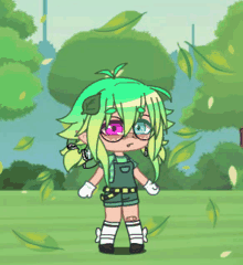 a cartoon girl with green hair and pink eyes