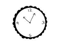 a black and white drawing of a clock with the hands on the number 12 and 3