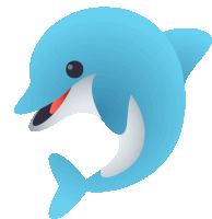 a blue dolphin with its mouth open and a red nose