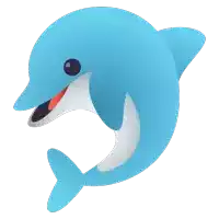 a blue dolphin with its mouth open and a red nose