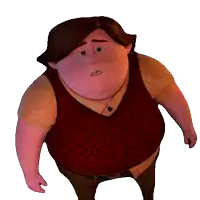 a cartoon character wearing a red vest and a brown shirt