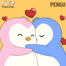 a couple of penguins hugging each other with hearts around them and the word pengu on the bottom