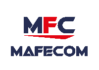 a blue and red logo for mfc mafecom on a white background