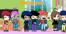 a group of cartoon characters are standing next to each other with the words smg11 crew written on the top