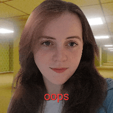 a woman 's face is shown with the word oops in red