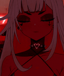 a girl with red eyes has a cross on her face