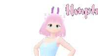 a girl with pink hair and blue eyes stands with her hands on her hips in front of a white background that says " hoopli "