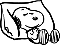a black and white drawing of snoopy sleeping under a pillow .