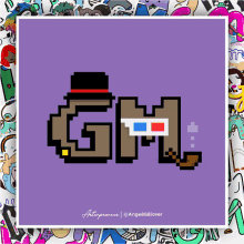 a pixel art of a man with a top hat and a gm logo