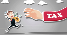 a cartoon of a man running away from a tax