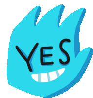 a blue hand with a big smile and the word yes written on it