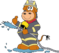 a cartoon of a cow dressed as a fireman spraying water from a hose