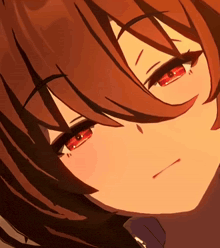 a close up of a girl with red eyes