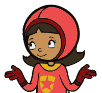 a cartoon girl is wearing a red helmet and a red shirt with a star on it .