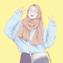 a cartoon girl wearing a hijab and glasses is giving a peace sign .