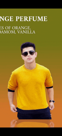 a man wearing sunglasses and a yellow shirt is standing in front of a green background that says nge perfume