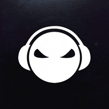 a white icon with headphones on a dark background