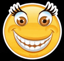 a cartoon smiley face with long eyelashes and a big smile on a black background .