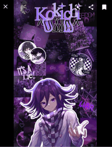 a collage of images with the word kokichi written on it