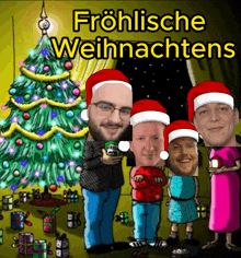 a group of people wearing santa hats in front of a christmas tree with the words fröhliche weihnachtens above them