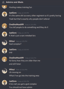 a screenshot of a discord conversation between just sora and mitsui