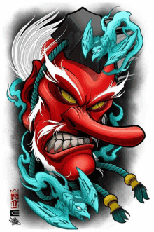 a cartoon drawing of a red demon with a long beak and chinese writing on the bottom