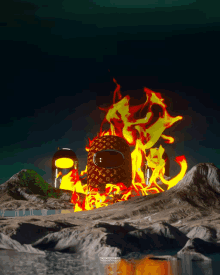 a louis vuitton helmet is surrounded by flames on a rocky surface