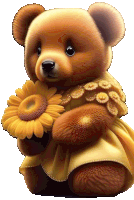 a teddy bear wearing a yellow dress is holding a yellow sunflower