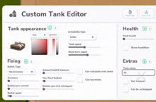 a screenshot of a custom tank editor with bullet type and firing options