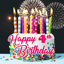 a 4th birthday cake with fireworks behind it
