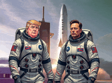 two men in space suits stand in front of a rocket that says spice x