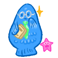 a blue monster with glasses is holding a book