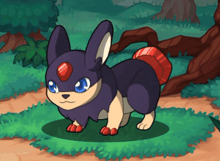 a cartoon drawing of a black rabbit with a red tail