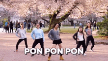 a group of young women are dancing in front of a cherry blossom tree and the words pon pon pon are above them