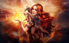 a woman with red hair is holding a dragon and a fireball in her hands